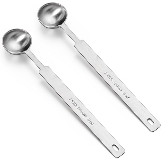 Woeilo 2Pcs 1 Teaspoon (5 mL | 5 cc | 1/3 Tablespoon) Single Measuring Spoon, Stainless Steel Individual Measuring Scoop, Long Handle Metal Only Silver