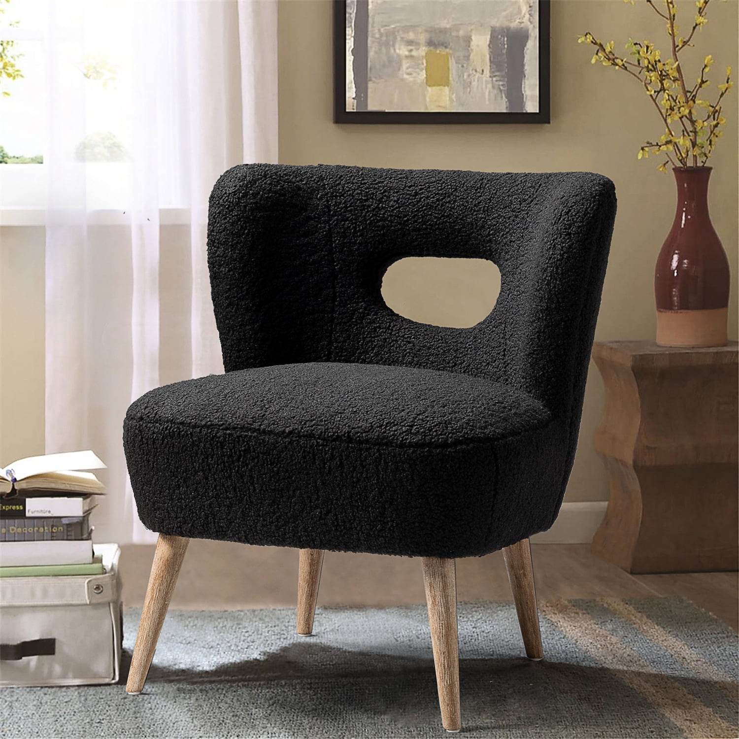 Mini Vegan Lambskin sherpa Upholstery Barrel Chair in Black Walmart