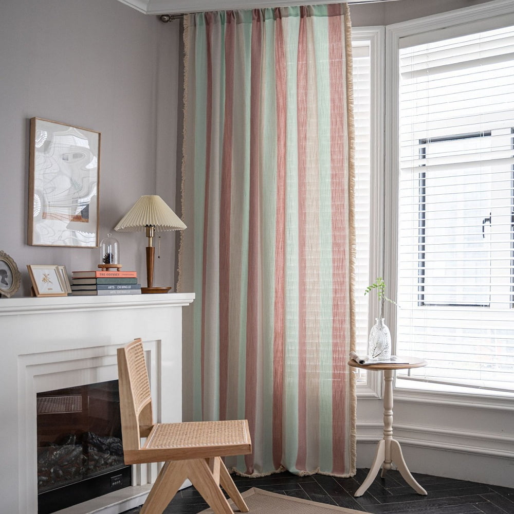 2Panels Set Pink And Green Striped Curtains Striped Curtains Rod Pocket Curtain 52" W x 84" L