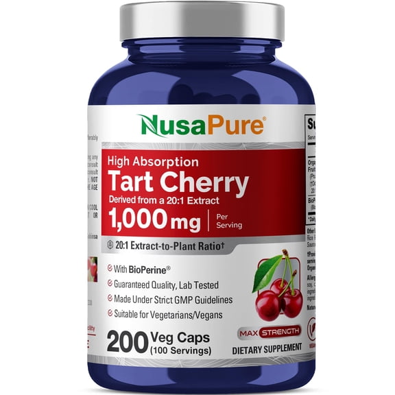 NusaPure Tart Cherry Capsules, 1000 mg, 200 Veg Capsules (Non-GMO, Vegan)