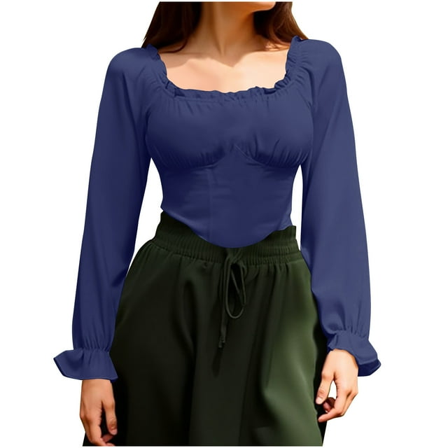Blouse Smockée à Manches Longues Unie avec Corset à la Taille pour Femmes