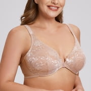 MELENECA Women's Plus Size Front Closure No Padding Full Coverage Lace Underwire Bra Beige 46B