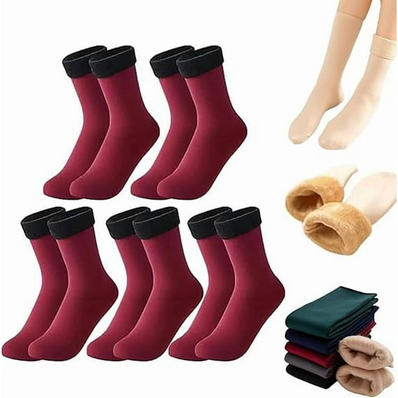 5 Pairs Autumn Winter Socks for Women, Thickened Fleece Lined Cold-Proof Warm Self-Heating Snow Socks(Red)