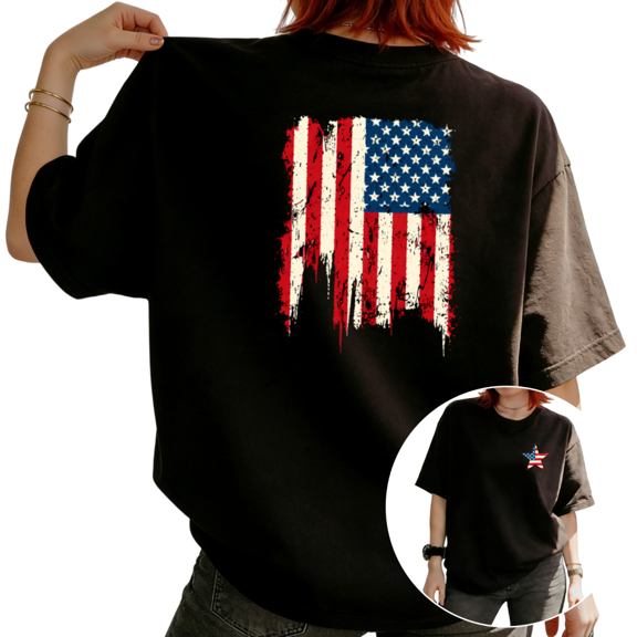 UNISHE Women's 4th of July Distressed American Flag Graphic Short Sleeve T-Shirt Casual Cotton Crewneck Top Black S-5XL