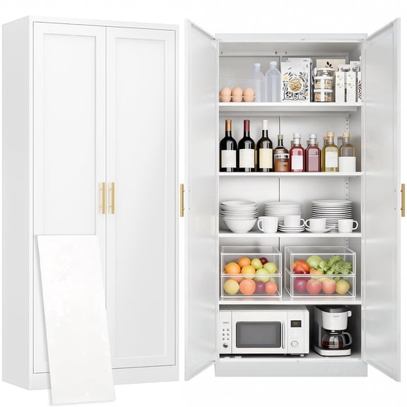White Kitchen Pantry Cabinet,71 Inch Tall Metal Storage Cabinet with 4 Adjustable Shelves and Doors, Freestanding Pantry Cabinet for Kitchen, Living Room, Dining Room, Bathroom, Easy to Assemble