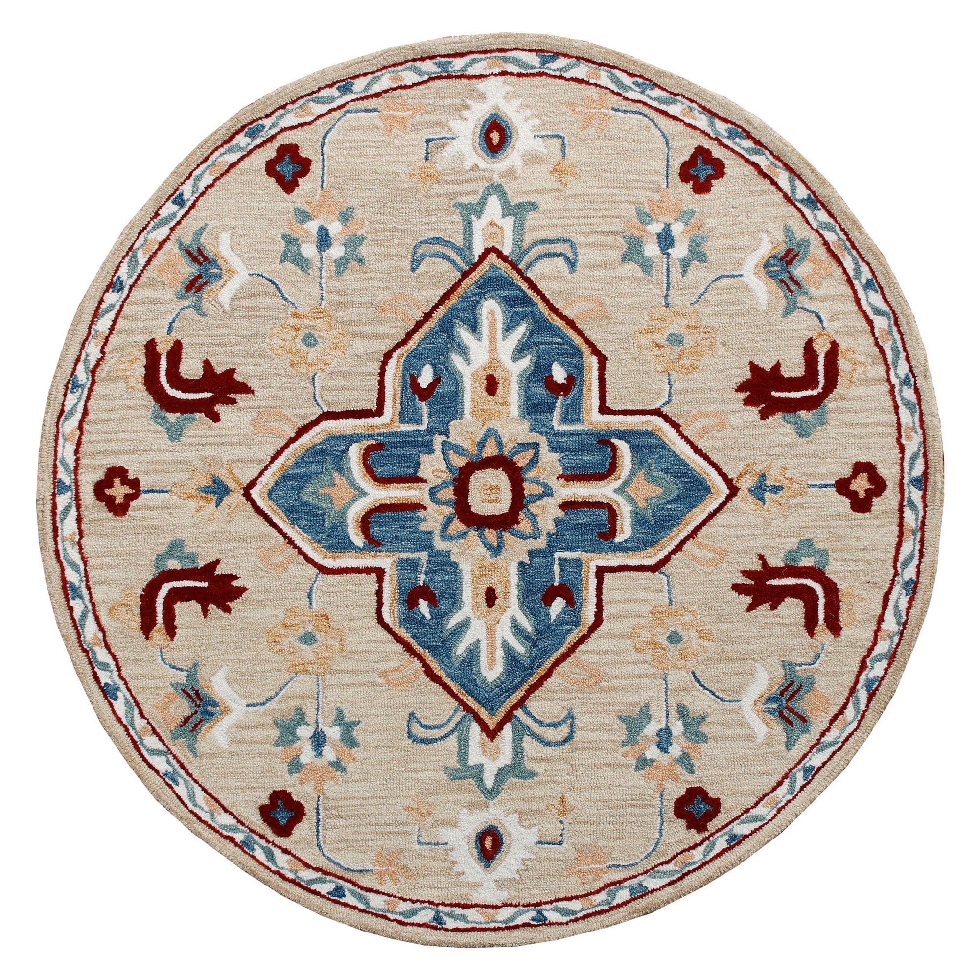 Elm & Oak Clio 7'3" Round Beige/Blue Medallion Handmade Wool Indoor Area Rug