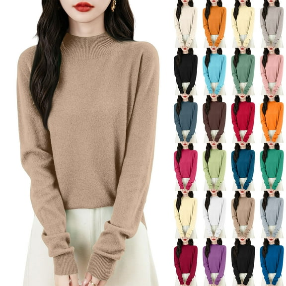 Wutalume Women's Fashion Flat Knit Half Turtleneck Pullover Sweater, Solid Color Long Sleeve Top, Slim Fit Design for Layering and Smart Casual Occasions,Beige L