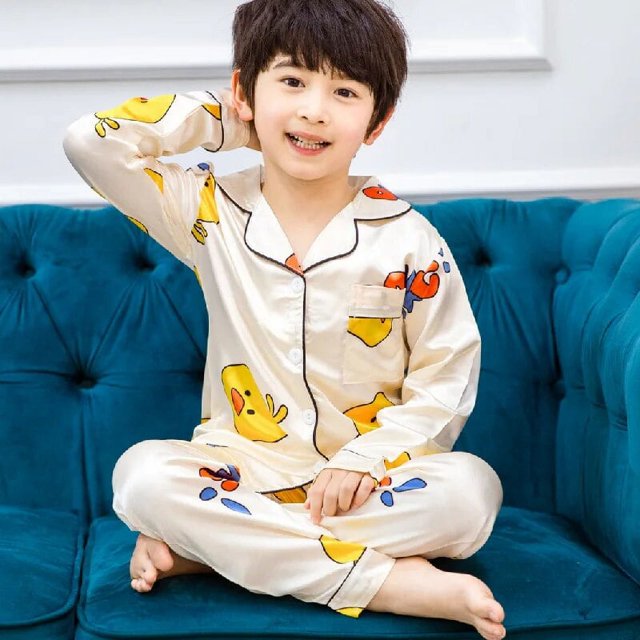 Pijamas de satén de Color liso para niños, ropa de dormir de Mickey de seda con pantalones, conjuntos de pijama de dibujos animados para niñas de 3 a 14 años