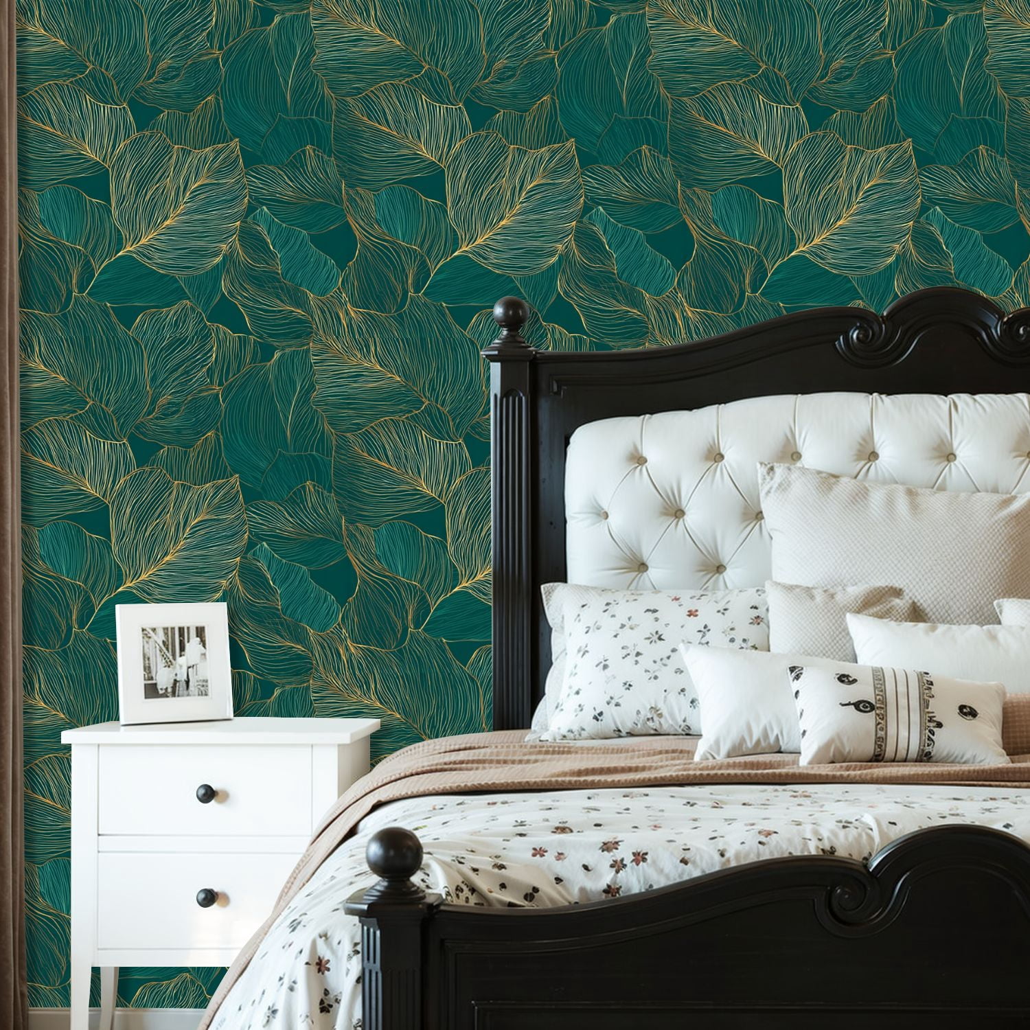 Peel and Stick Wallpaper 23.6in x 9.8ft Abstract Botanical Delicate Golden Leaf Lines Dark Green Contact Paper Vinyl Self-Adhesive Removable Wall Paper for Bedroom DIY Home Decor Renter Friendly