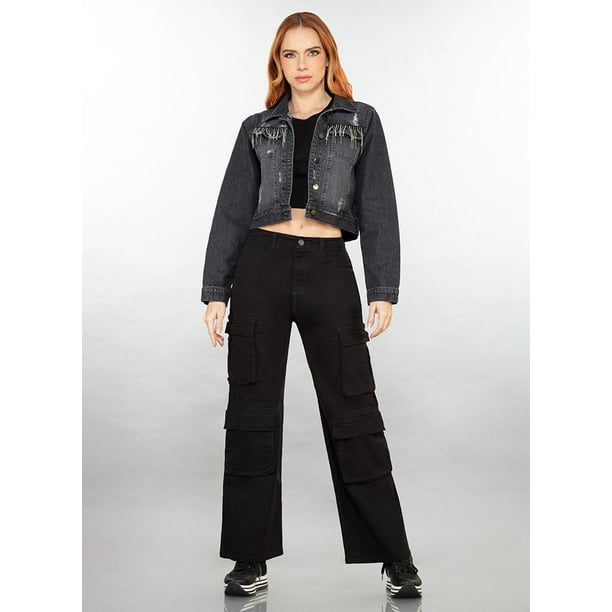 Pantalón cargo SAVI JEANS mezclilla rígida Mujer wide leg negro 3