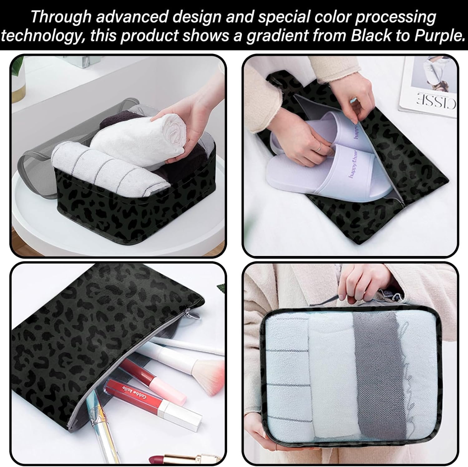 7 Set Packing Cubes Travel Luggage Organizers for Suitcase Travel Accessories with Shoe Bag for Women Girls Aesthetic Cute-Black Leopard