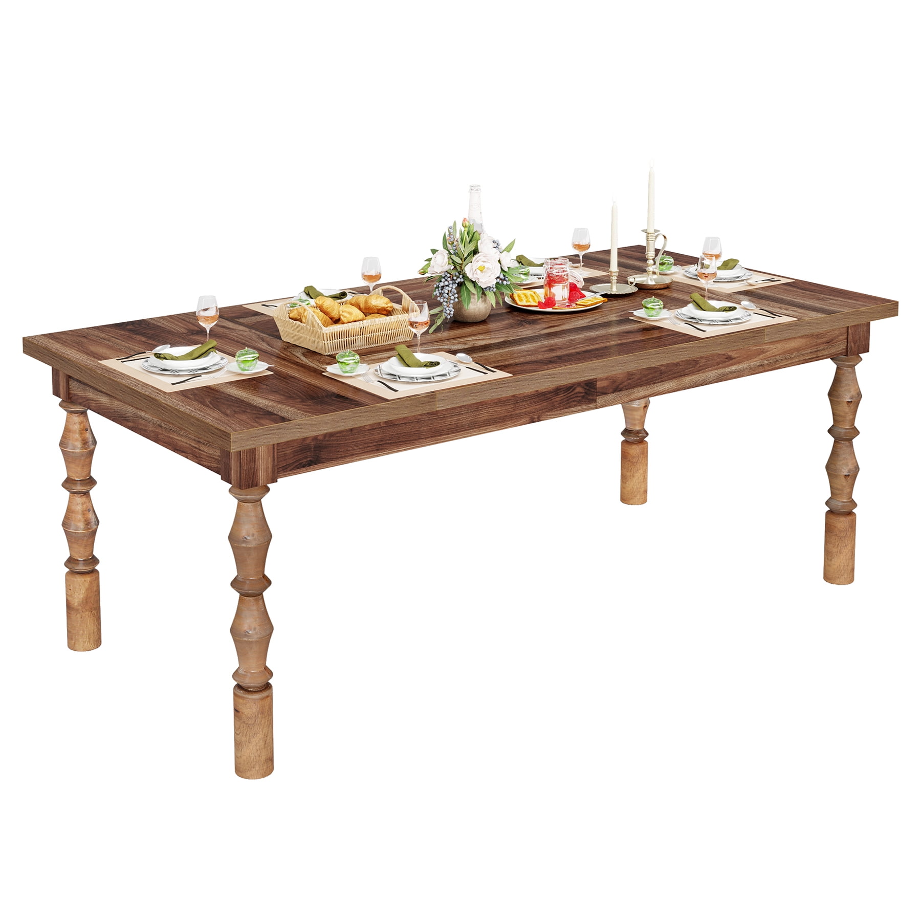Fnova 62" Farmhouse Dining Table for 4-6 People, Large Wood Rectangle Kitchen Table Modern Dining Room Furniture with Carved Turned Legs