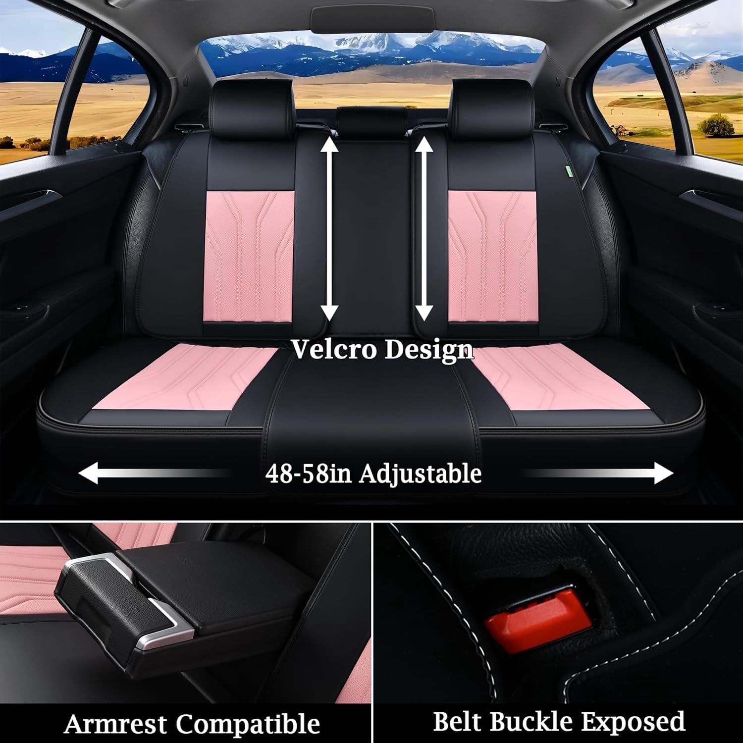 FLORICH Universal Leather Car Seat Cover Full Set, Pink Seat Covers for Cars 5 Seats, Waterproof Front and Rear Automotive Seat Cover Fit for Most Sedans SUV Pick-up Truck, Black & Pink