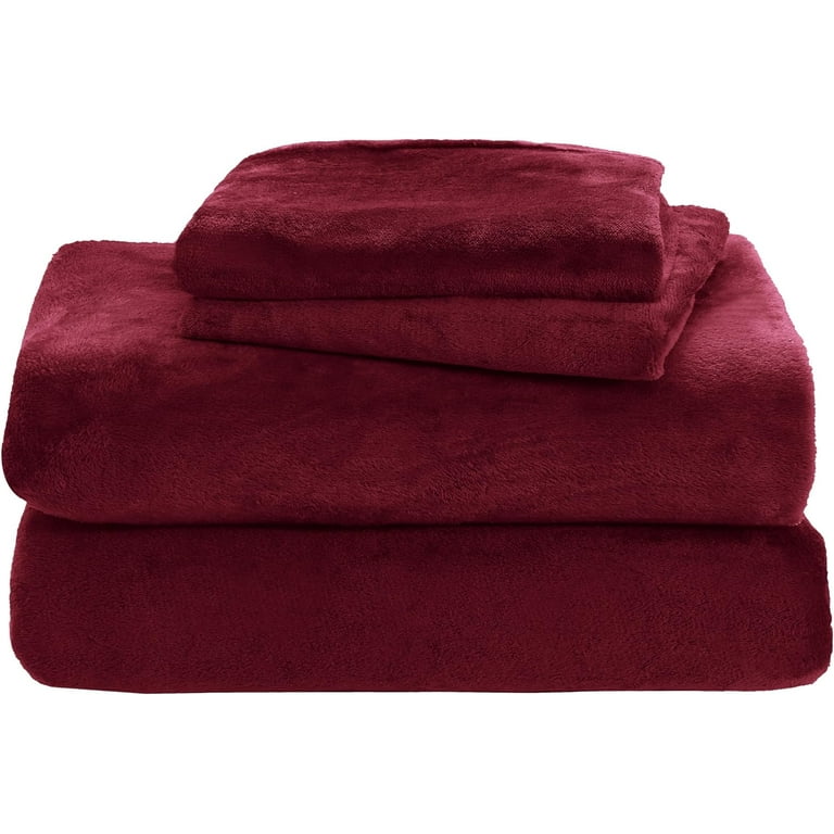 Non Pilling Fuzzy Velvet Flannel Fleece Deep Pocket Sheet Set - Twin XL,  Burgundy 