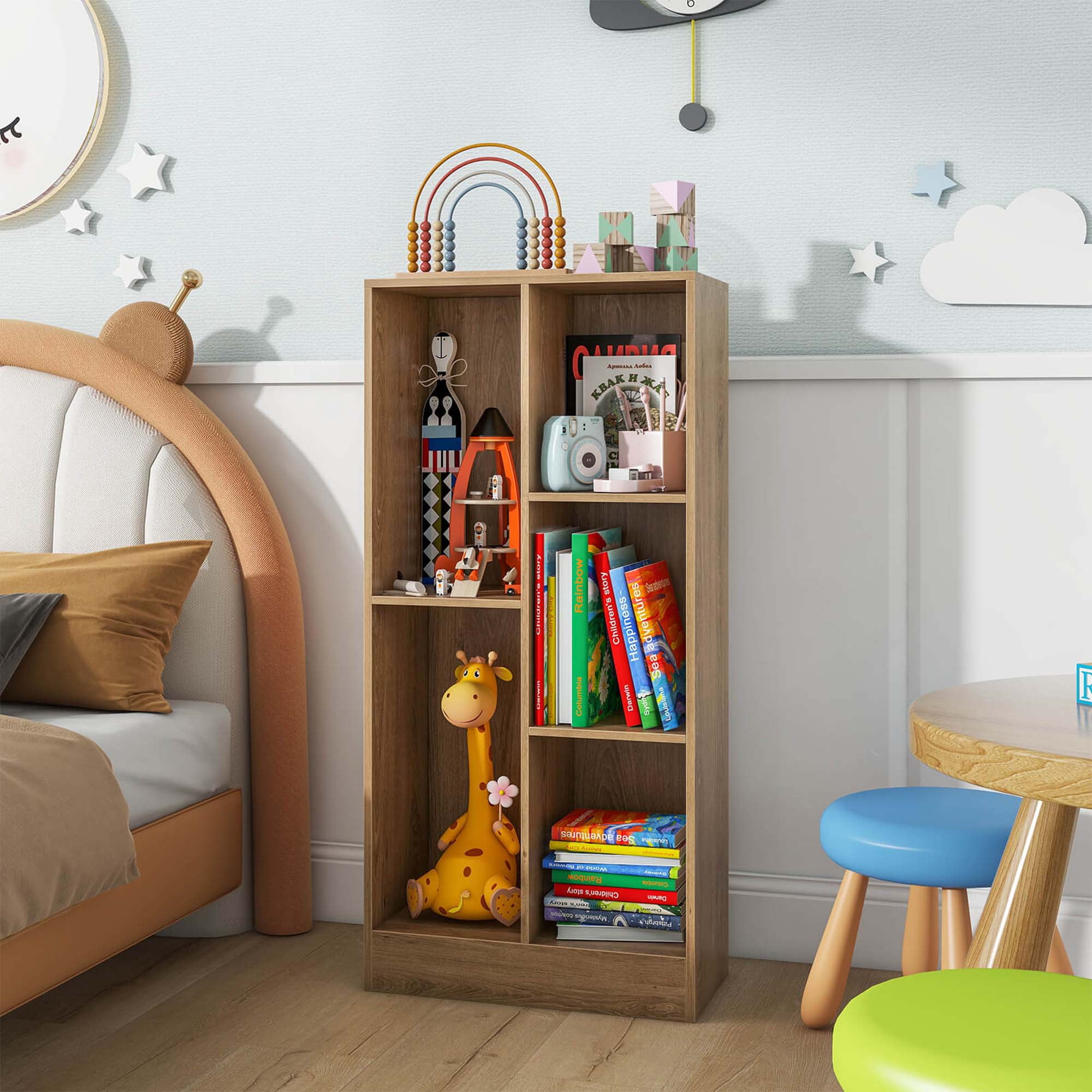 Costway 5-Cube Bookcase for Kids 41" Wooden Toy Storage Organizer for Kid's Room Natural