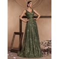 thumbnail image 4 of Olive Green Sequin Embroidered V-Neck Sleeveless Maxi Evening Gown, 4 of 30