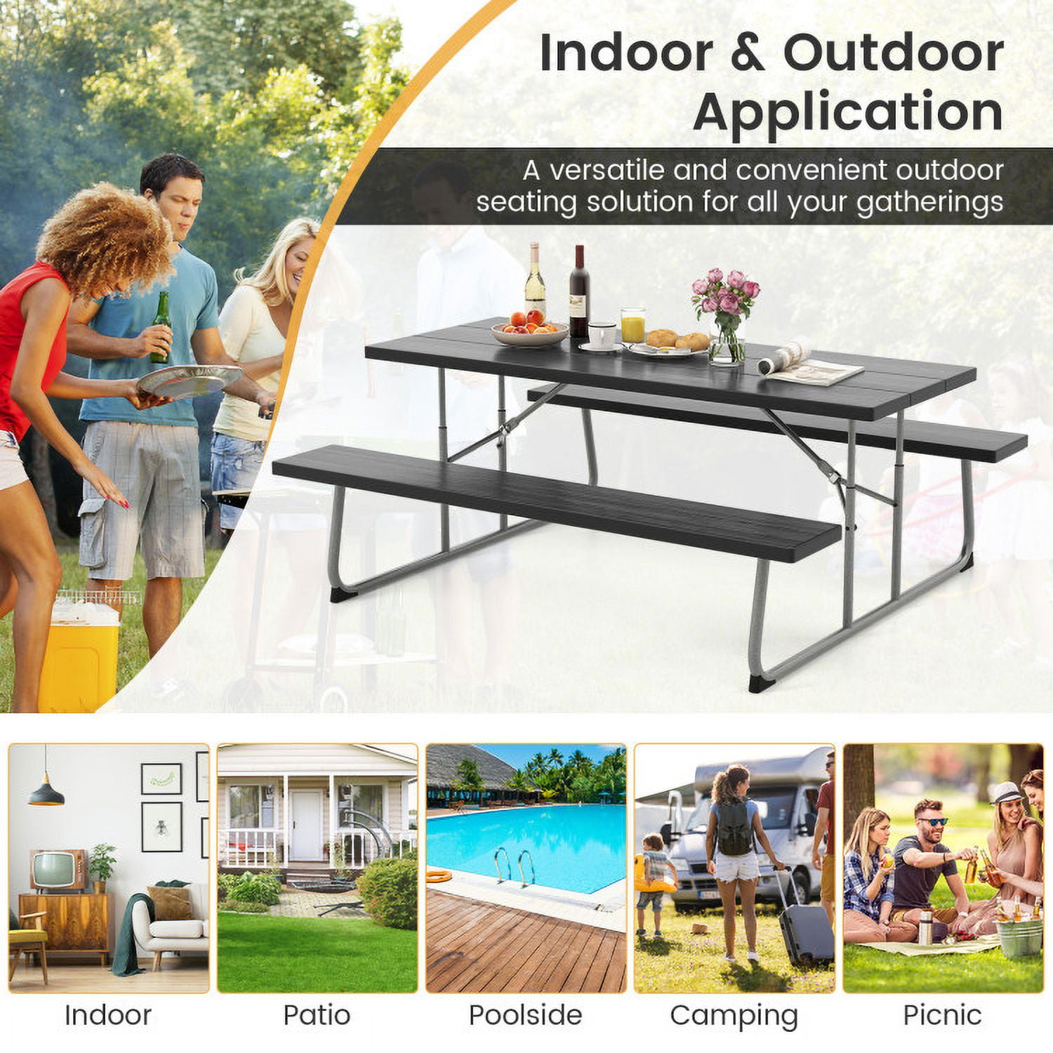 Aimee Lii Folding Picnic Table Set with Metal Frame and All-Weather HDPE Tabletop Umbrella Hole, Outdoor Patio Furniture, Black