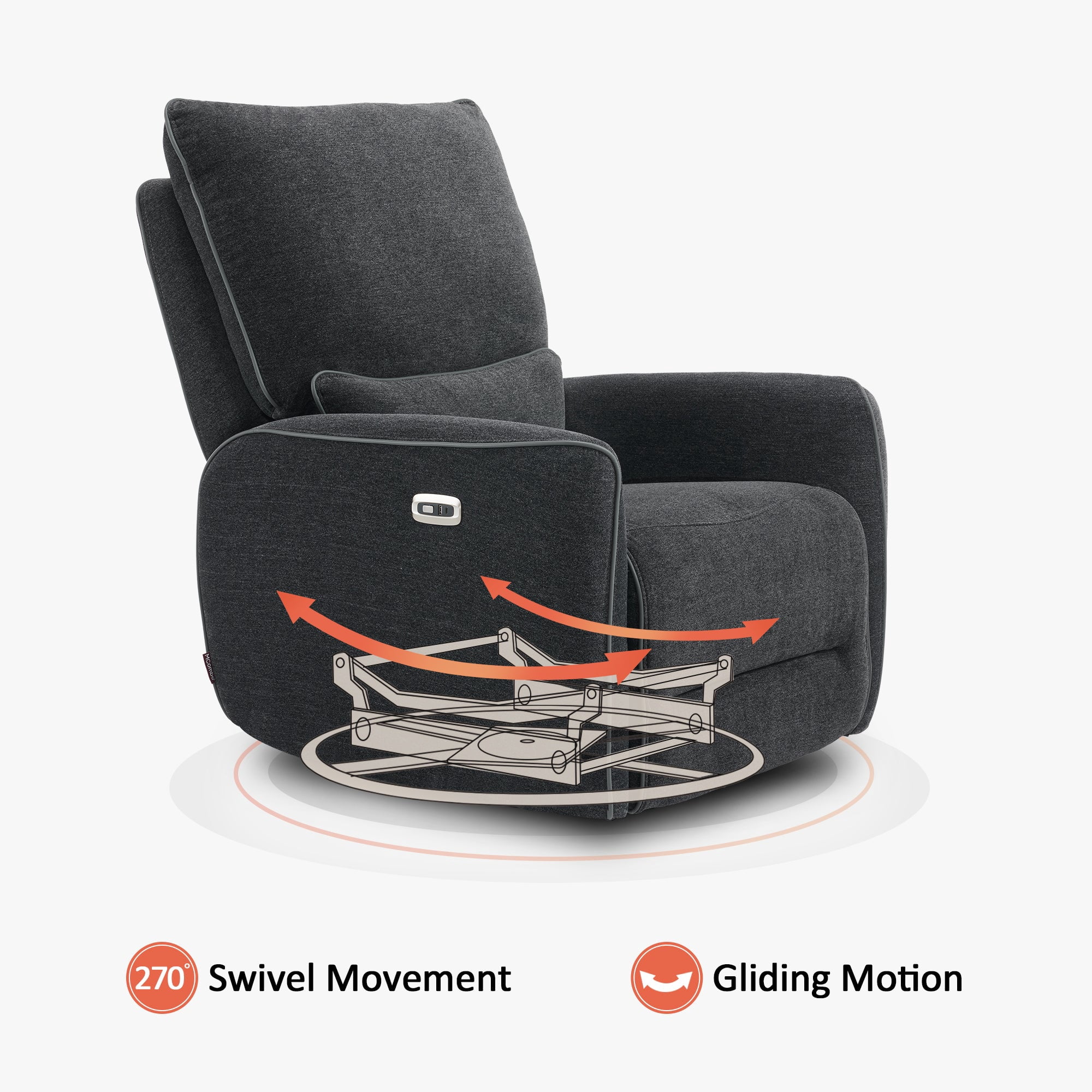 MCombo Power Swivel Glider Recliner Chair, Electric Rocker Recliner Chairs with USB Charging Ports for Living Room and Nursery, Fabric 6922 (Grey)