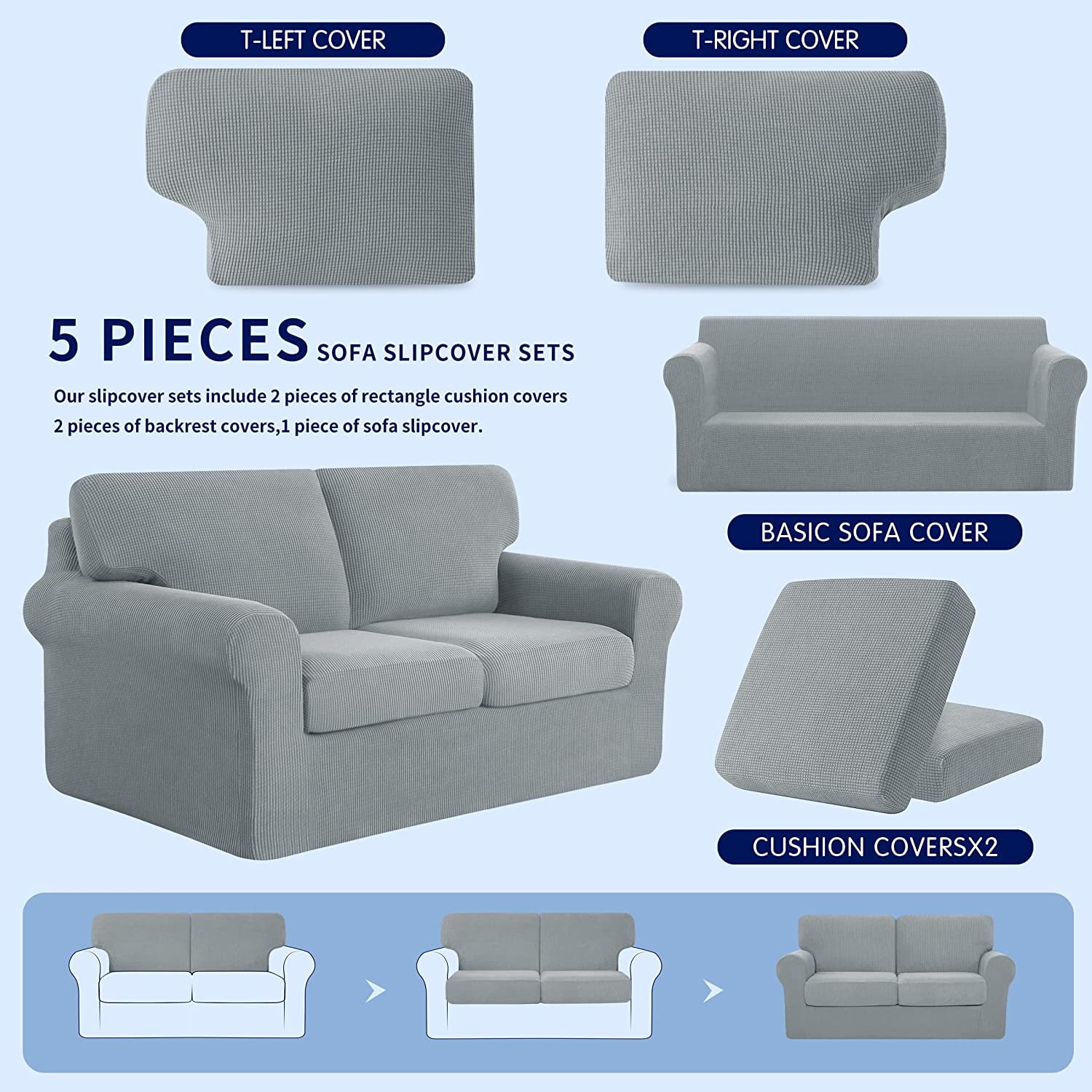 Subrtex Sofa Slipcover Sets 5 Pieces Stretch Couch Cover Backrest Cushion Covers (Loveseat, Light Gray)