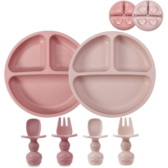 2 Pack Toddler Divided Suction Plates with 2 Spoons 2 Forks for Babies | Silicone Baby Led Weaning Supplies Self Feeding Eating Utensils | BPA-Free Baby Feeding Set - Pink