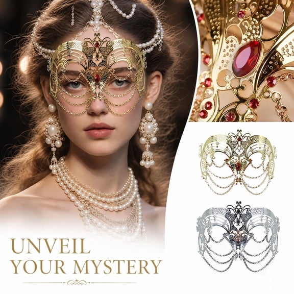 Mskk Luxury Rhinestone Metal Chain Masquerade Mask for Women, Hollow‑Cut Half‑Face Cosplay Mask, Carnival Prom Halloween Fancy Dress Accessory, Gold