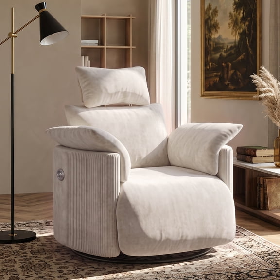 Bestier Powered Recliner Chair with Adjustable Headrest & Power Footrest, 270° Swivel Rocker Chair in Luxurious Velvet, Modern Glider Rocking Chair for Living Room Small Space, Beige