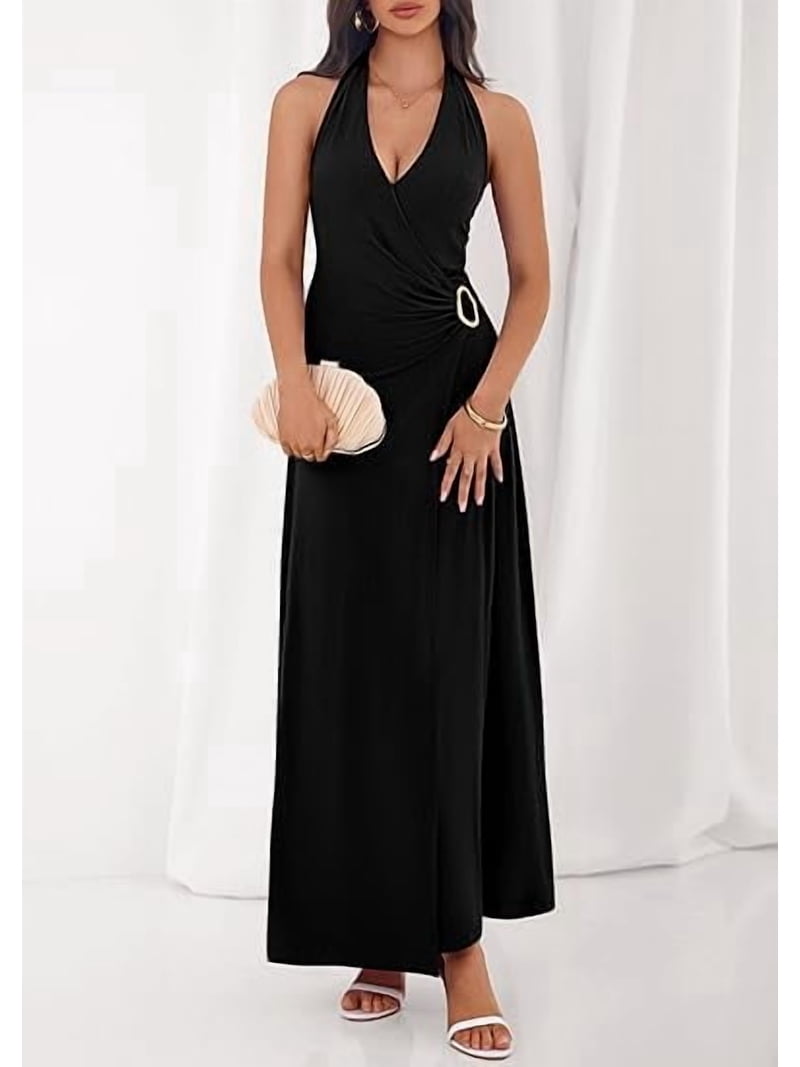 PRETTYGARDEN Holiday Cocktail Dresses for Women Summer Elegant V Neck Halter Backless Wedding Guest Party Midi Dress