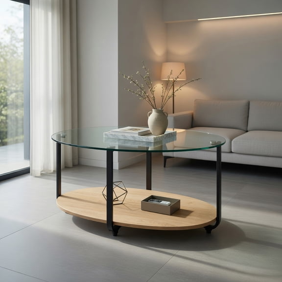 Resenkos Coffee Table, Modern Sofa Table Tea Table,2-Tier Glass-Top Oval Coffee Table with Wooden Shelf for Living Room