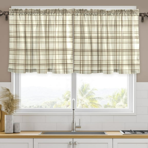 Ryvnso Beige Checkered Curtains Sets Short Curtain Rod Pocket Half Window Cafe Farmhouse Tier 2 Panels 57"W x 24"L