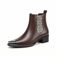 thumbnail image 1 of Men’s Leopard Print Chelsea Boots, Pointed Toe Metal Toe Cap Block Heel, Elastic Side Slip-On Fashion Boots Rivet Trim Square Toe Western Ankle Boots, 1 of 6