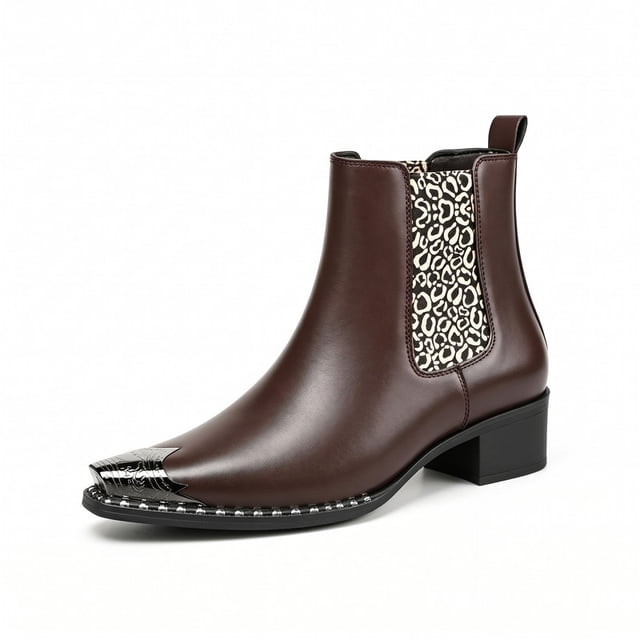 Men’s Leopard Print Chelsea Boots, Pointed Toe Metal Toe Cap Block Heel, Elastic Side Slip-On Fashion Boots Rivet Trim Square Toe Western Ankle Boots