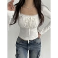 thumbnail image 5 of Yunliwuli Women's Spring Autumn Fashion Tops White Long Sleeve Lace Trim Ruched Tie Up T-shirt, 5 of 10