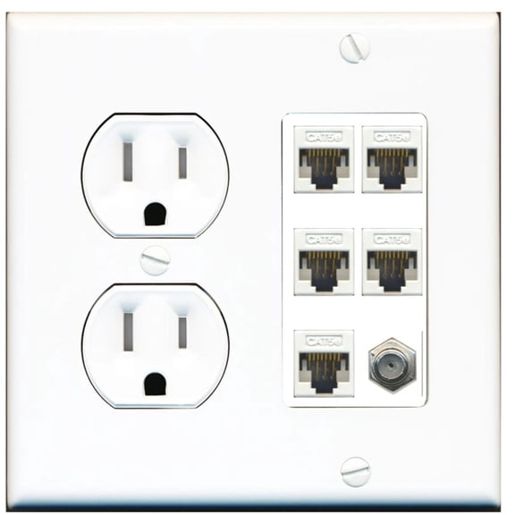 Ultra Spec Cables 1 Port Coax 5 x Cat5e Ethernet RJ45 Wall Plate w/Tamper Resistant Power Outlet