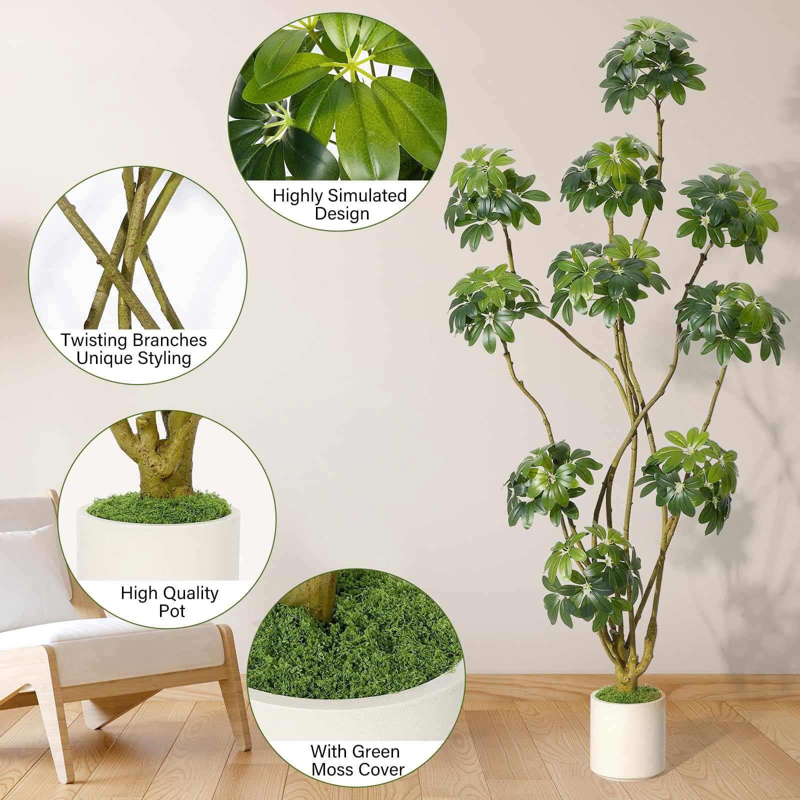 5ft/6ft/7ft  Tall Fake Plant Indoor,Artificial Umbrella Schefflera Tree in White Pot with Multiple Trunks Design, Faux Floor Tree Fake Trees for Home Offices Porch Decor