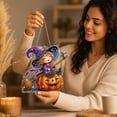 thumbnail image 7 of Lilixerw Halloween Diamond Art Hanging Ornament Decoration, Witch On Broom Pumpkin Pattern Wall Hanging Sign with Chain, for Door, Porch and Wall Display, 8 inch, 7 of 7