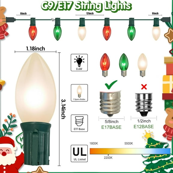 THESG-25ft C9 Clear Incandescent Christmas Lights - Red, White, Green Outdoor String With 26 Multicolor Bulbs - Waterproof Plug-In for Roofline, Tree, Garden Decor