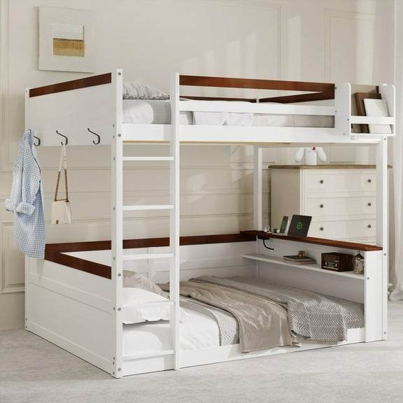Queen Size Wooden Bunk Bed | Built-in Shelves & Storage