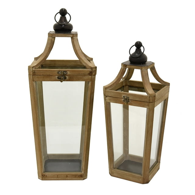 Plutus Brands Wood Decorative Lantern- in Brown Wood Set of 2