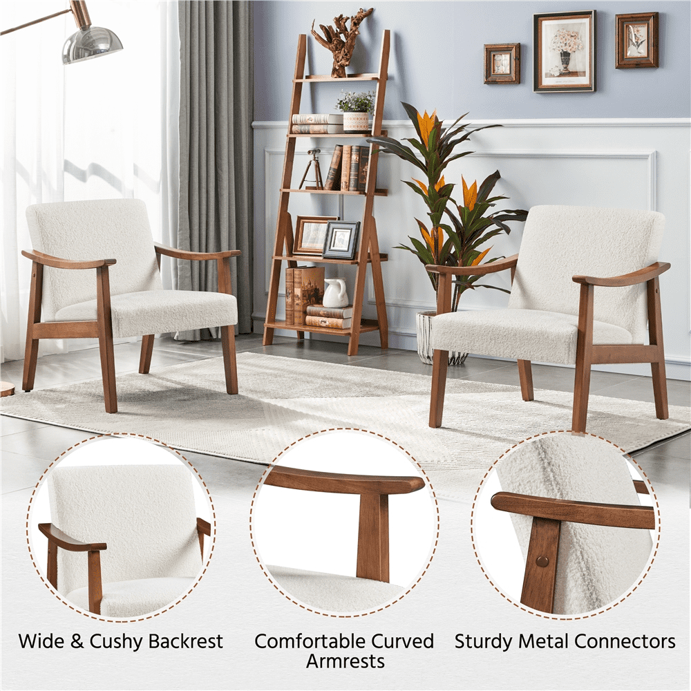 Alden Design Mid-Century Modern Accent Chair with Wooden Frame, Ivory Boucle Fabric