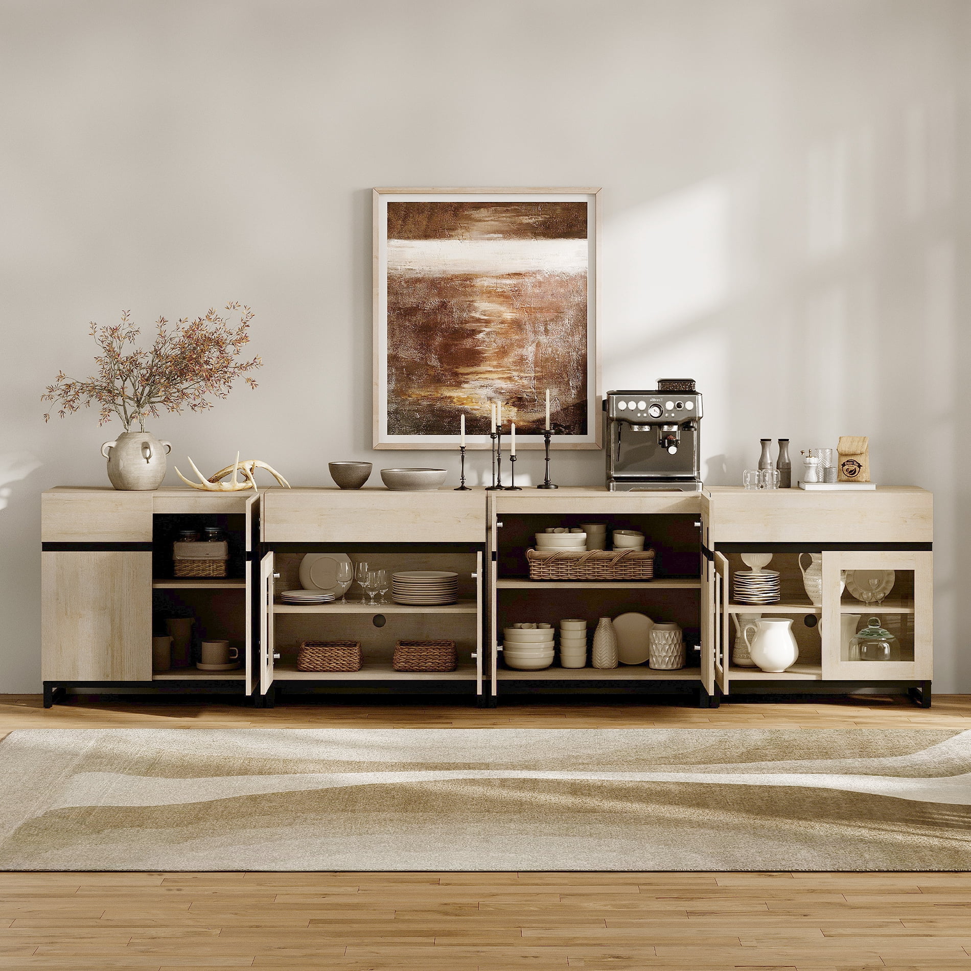 4 In 1 Sideboard Buffet Cabinets With Glass Doors And 2 Drawers, Modern Sideboard Credenza With Adjustable Shelf And Metal Base, Coffee Bar Cabinet Storage Cabinet