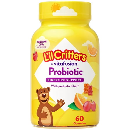 L’il Critters Probiotic Daily Gummy Supplement for Kids, for Digestive Health Support, Grape, Cherry and Orange Flavors, 60 Gummies