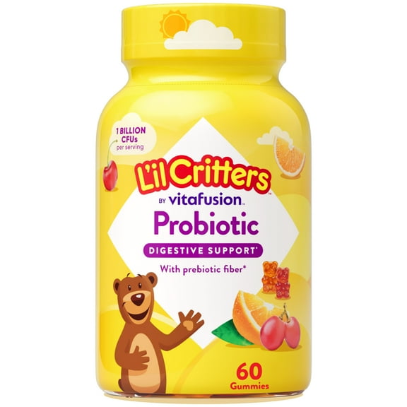 L’il Critters Probiotic Daily Gummy Supplement for Kids, for Digestive Health Support, Grape, Cherry and Orange Flavors, 60 Gummies