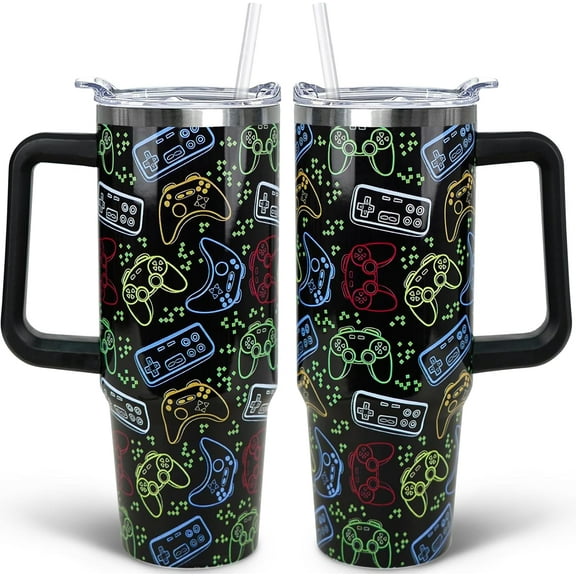 30 oz Gaming Tumbler With Handle and Straw, 30oz Insulated Stainless Gaming Tumbler Coffee Travel Mugs Cup Water Bottle Game Lovers Gifts for Men Boys