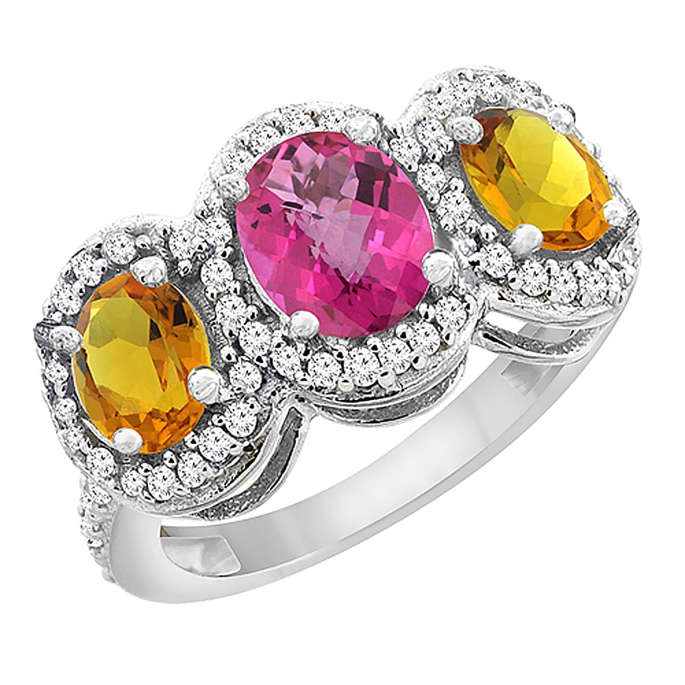 14K White Gold Natural Pink Sapphire & Citrine 3-Stone Ring Oval Diamond Accent, size 6 by Gabriella Gold
