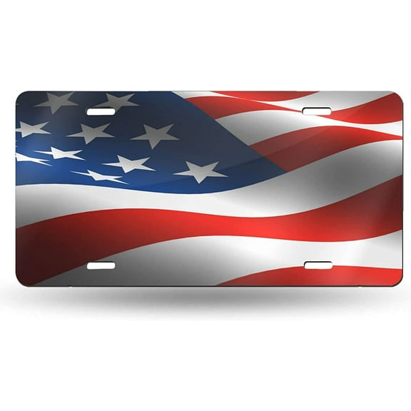 American USA Wavy Flag Car Front License Plate Aluminum Metal Vanity Tag Novelty 6x12