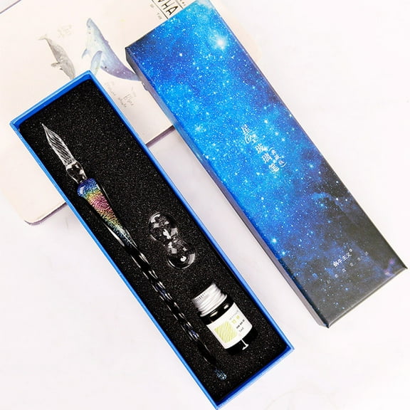 B025 Crystal Glass Dip Pen Set Vintage Style Craft Gift with 5ML Ink Bottles for Artists and Office Decor, Traditional Writing Instruments with Exquisite Twisting Patterns