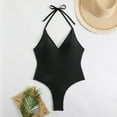 thumbnail image 3 of One Piece Halter Swimsuits for Women V Neck Sexy Thong Bathing Suit Ruched Back Tummy-Control Swimming Suits Pool Black, S, 3 of 5