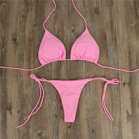 Women Tie Sexy Thong Bikini Set Side Swimsuit Bandage Style Brazilian Swimwear Split Strap Adjustable Solid Ladies Swimsuits Set
