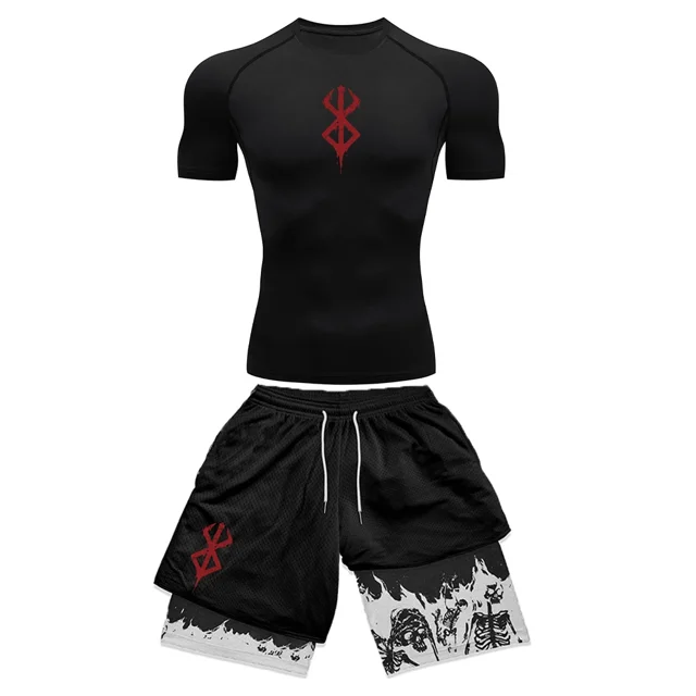 SWAnime 3D Printed Men's Compression Set short Sleeve Gym Top+Workout Shorts Quick Drying Breathble Athletics Rash Guard Set