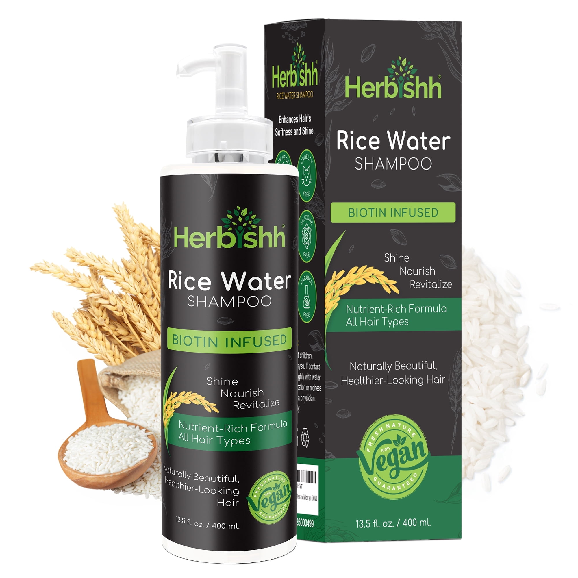 (2 pack) Herbishh Rice Water Hair Growth Shampoo - 400ml with Power of Castor Oil, Argan & Coconut Oil & Biotin | All Hair Type | Hair regrowth for Thinning Hair, Moisturizing & Volumizing | Silicone Free